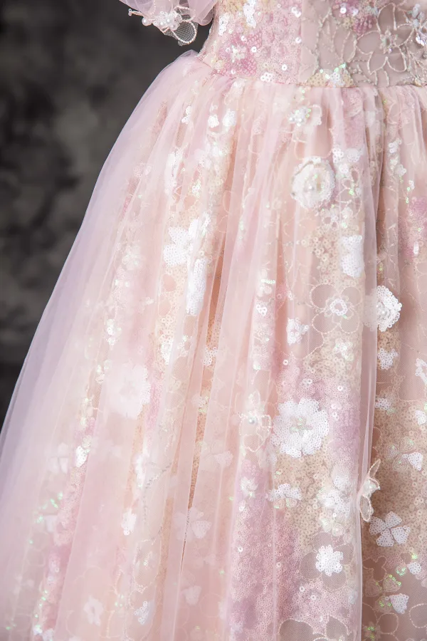 Chic / Beautiful Blushing Pink Pearl Sequins Lace Flower Prom Dresses 2024 A-Line / Princess Off-The-Shoulder Short Sleeve Backless Floor-Length / Long Formal Dresses