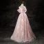 Chic / Beautiful Blushing Pink Pearl Sequins Lace Flower Prom Dresses 2024 A-Line / Princess Off-The-Shoulder Short Sleeve Backless Floor-Length / Long Formal Dresses