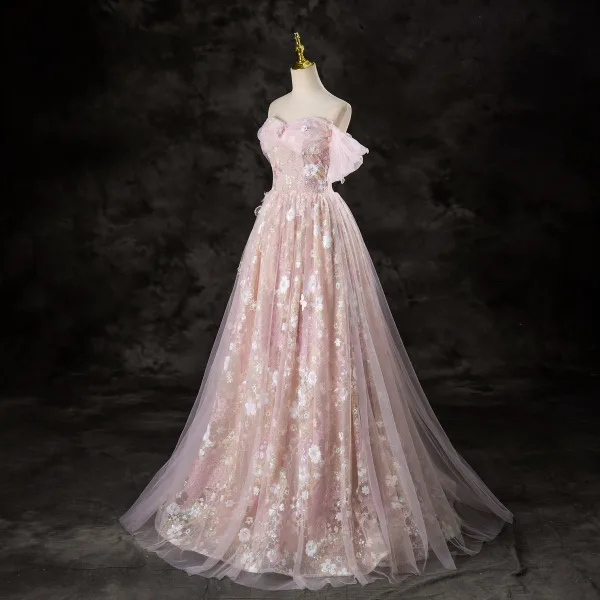 Chic / Beautiful Blushing Pink Pearl Sequins Lace Flower Prom Dresses 2024 A-Line / Princess Off-The-Shoulder Short Sleeve Backless Floor-Length / Long Formal Dresses