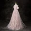 Chic / Beautiful Blushing Pink Pearl Sequins Lace Flower Prom Dresses 2024 A-Line / Princess Off-The-Shoulder Short Sleeve Backless Floor-Length / Long Formal Dresses
