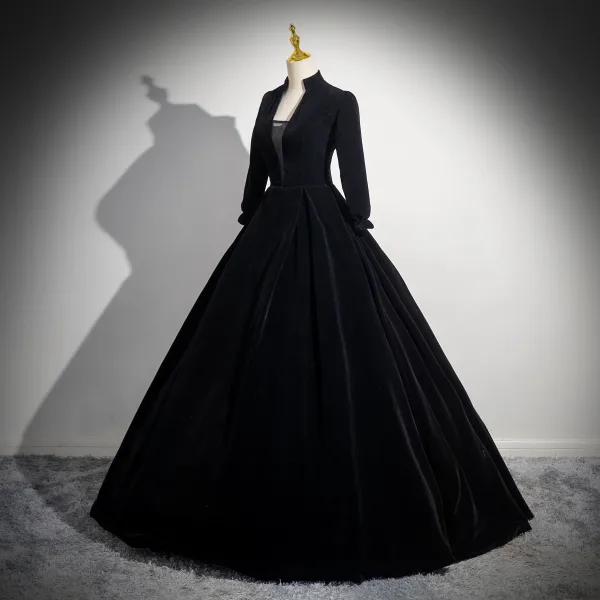 Vintage / Retro Black Velvet Prom Dresses 2024 Ball Gown High Neck Long Sleeve Floor-Length / Long Prom Formal Dresses