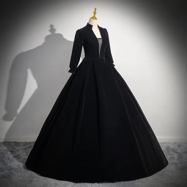 Vintage / Retro Black Velvet Prom Dresses 2024 Ball Gown High Neck Long Sleeve Floor-Length / Long Prom Formal Dresses