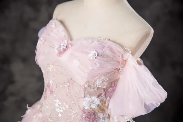 Chic / Beautiful Blushing Pink Pearl Sequins Lace Flower Prom Dresses 2024 A-Line / Princess Off-The-Shoulder Short Sleeve Backless Floor-Length / Long Formal Dresses