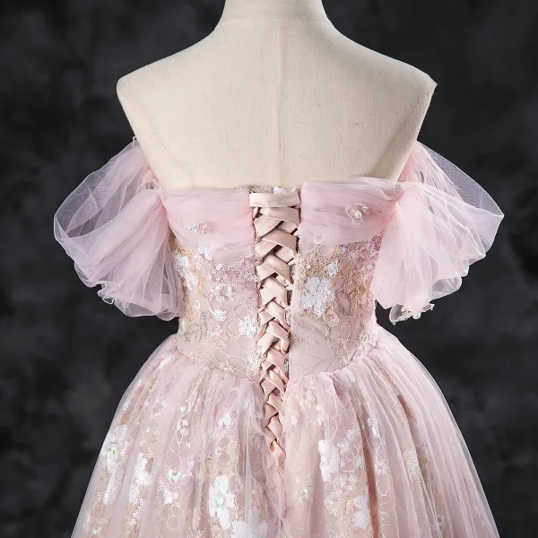 Chic / Beautiful Blushing Pink Pearl Sequins Lace Flower Prom Dresses 2024 A-Line / Princess Off-The-Shoulder Short Sleeve Backless Floor-Length / Long Formal Dresses