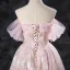 Chic / Beautiful Blushing Pink Pearl Sequins Lace Flower Prom Dresses 2024 A-Line / Princess Off-The-Shoulder Short Sleeve Backless Floor-Length / Long Formal Dresses