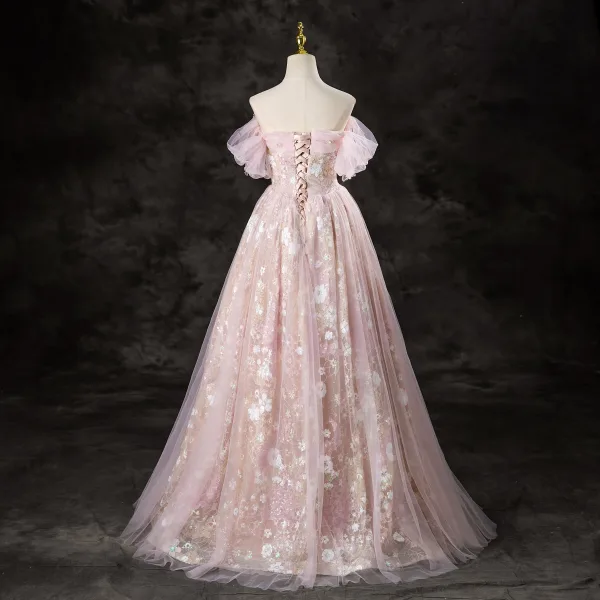 Chic / Beautiful Blushing Pink Pearl Sequins Lace Flower Prom Dresses 2024 A-Line / Princess Off-The-Shoulder Short Sleeve Backless Floor-Length / Long Formal Dresses