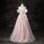 Chic / Beautiful Blushing Pink Pearl Sequins Lace Flower Prom Dresses 2024 A-Line / Princess Off-The-Shoulder Short Sleeve Backless Floor-Length / Long Formal Dresses