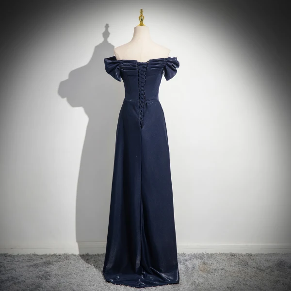 Elegant Navy Blue Empire Evening Dresses 2024 Off-The-Shoulder Sleeveless Backless Floor-Length / Long Evening Party Formal Dresses