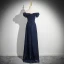 Elegant Navy Blue Empire Evening Dresses 2024 Off-The-Shoulder Sleeveless Backless Floor-Length / Long Evening Party Formal Dresses