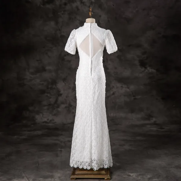 Elegant White Lace Flower Prom Dresses 2024 Trumpet / Mermaid High Neck Short Sleeve Floor-Length / Long Prom Formal Dresses