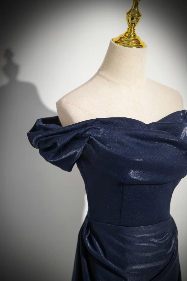 Elegant Navy Blue Empire Evening Dresses 2024 Off-The-Shoulder Sleeveless Backless Floor-Length / Long Evening Party Formal Dresses