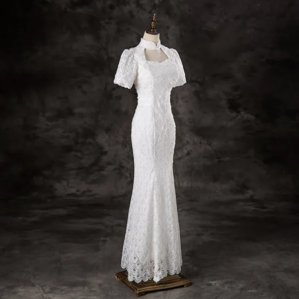 Elegant White Lace Flower Prom Dresses 2024 Trumpet / Mermaid High Neck Short Sleeve Floor-Length / Long Prom Formal Dresses
