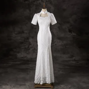 Élégant Blanche En Dentelle Fleur Robe De Bal 2024 Trompette Sirène Col Haut Manches Courtes Longue Promo Robe De Ceremonie