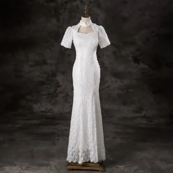 Élégant Blanche En Dentelle Fleur Robe De Bal 2024 Trompette Sirène Col Haut Manches Courtes Longue Promo Robe De Ceremonie