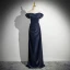 Elegant Navy Blue Empire Evening Dresses 2024 Off-The-Shoulder Sleeveless Backless Floor-Length / Long Evening Party Formal Dresses