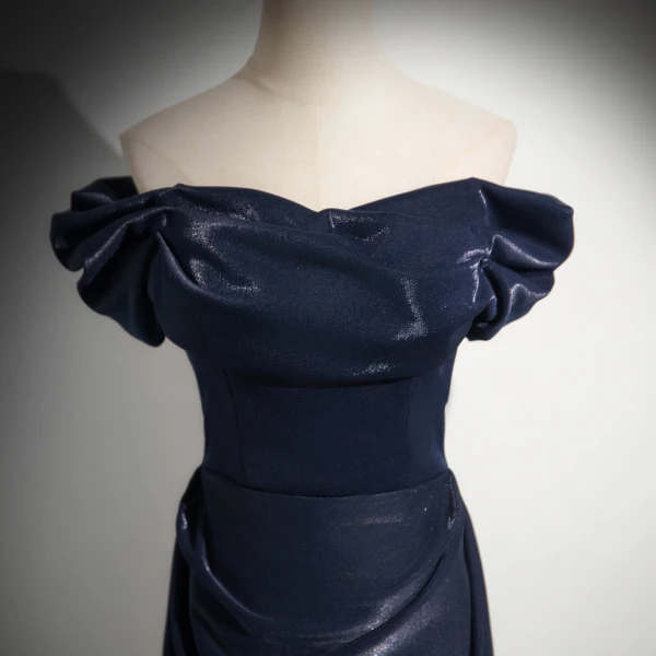 Elegant Navy Blue Empire Evening Dresses 2024 Off-The-Shoulder Sleeveless Backless Floor-Length / Long Evening Party Formal Dresses