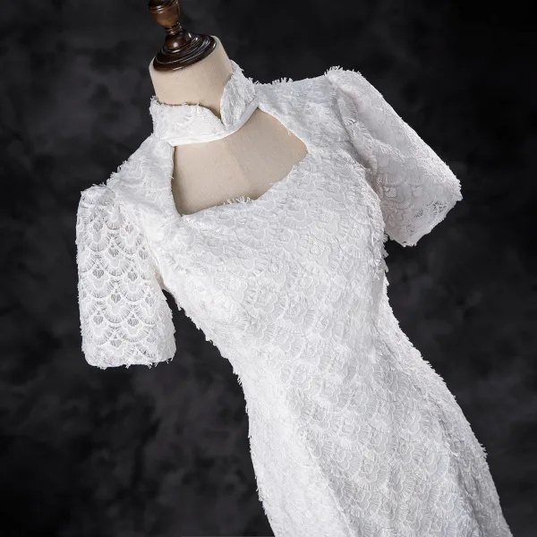Elegant White Lace Flower Prom Dresses 2024 Trumpet / Mermaid High Neck Short Sleeve Floor-Length / Long Prom Formal Dresses