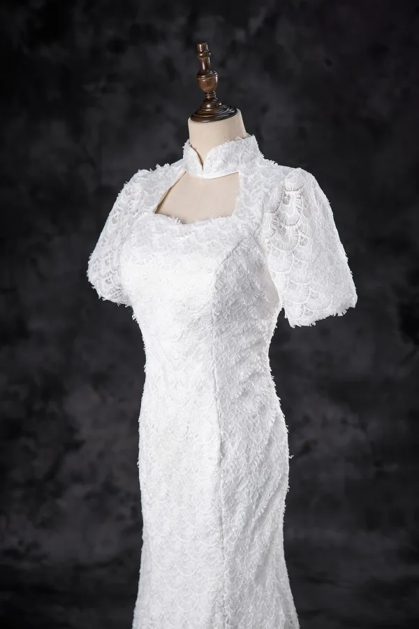 Elegant White Lace Flower Prom Dresses 2024 Trumpet / Mermaid High Neck Short Sleeve Floor-Length / Long Prom Formal Dresses