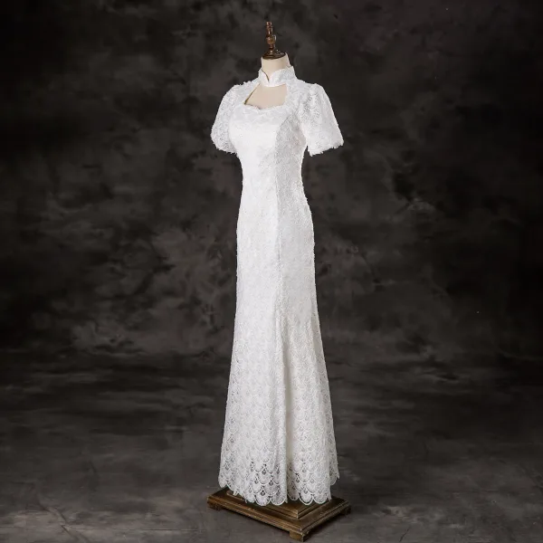 Elegant White Lace Flower Prom Dresses 2024 Trumpet / Mermaid High Neck Short Sleeve Floor-Length / Long Prom Formal Dresses