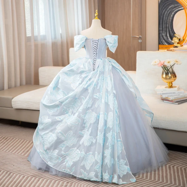 Elegante Himmelblau Drucken Glanz Ballkleider 2024 Ballkleid Off Shoulder Kurze Ärmel Rückenfreies Lange Ball Festliche Kleider