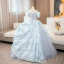 Elegante Himmelblau Drucken Glanz Ballkleider 2024 Ballkleid Off Shoulder Kurze Ärmel Rückenfreies Lange Ball Festliche Kleider