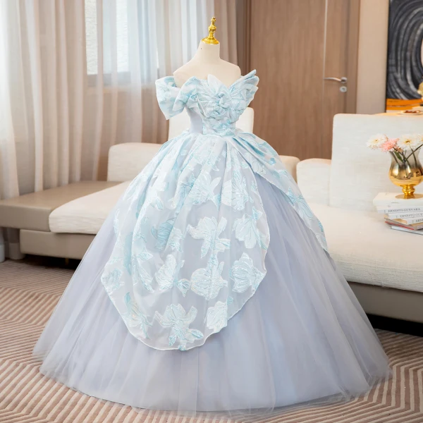 Elegante Himmelblau Drucken Glanz Ballkleider 2024 Ballkleid Off Shoulder Kurze Ärmel Rückenfreies Lange Ball Festliche Kleider
