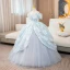 Elegante Himmelblau Drucken Glanz Ballkleider 2024 Ballkleid Off Shoulder Kurze Ärmel Rückenfreies Lange Ball Festliche Kleider