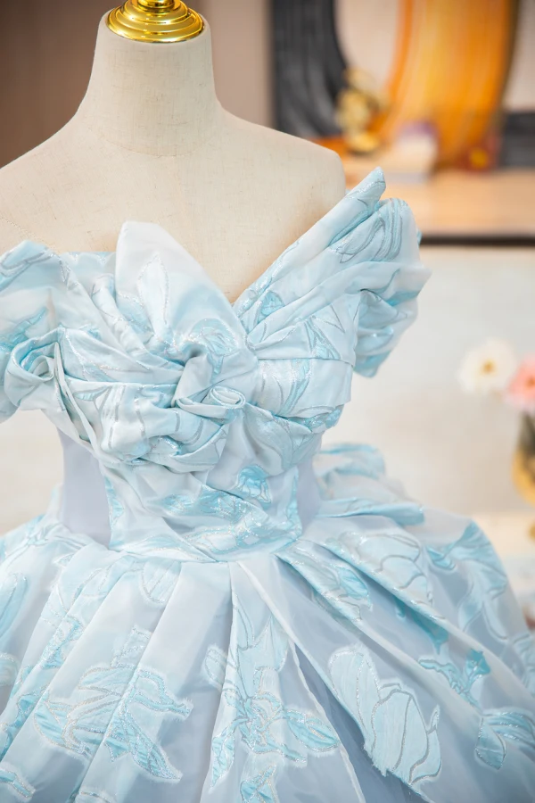 Elegante Himmelblau Drucken Glanz Ballkleider 2024 Ballkleid Off Shoulder Kurze Ärmel Rückenfreies Lange Ball Festliche Kleider