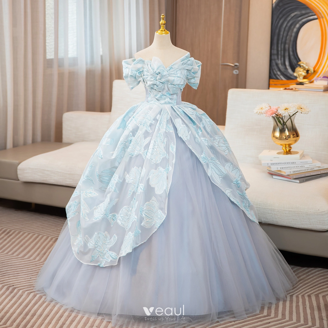 Elegant Sky Blue Printing Glitter Prom Dresses 2024 Ball Gown Off-The-Shoulder Short Sleeve Backless Floor-Length / Long Prom Formal Dresses Elegant Sky Blue Printing Glitter Prom Dresses 2024 Ball Gown Off-The-Shoulder Short Sleeve Backless Floor-Length / Long Prom Formal Dresses