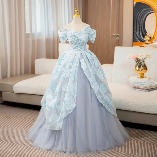 Elegante Himmelblau Drucken Glanz Ballkleider 2024 Ballkleid Off Shoulder Kurze Ärmel Rückenfreies Lange Ball Festliche Kleider