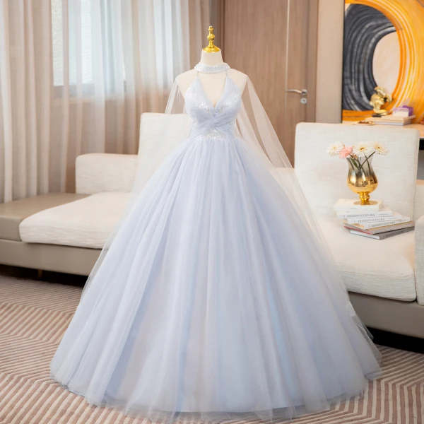 Chic / Beautiful Grey Sequins Prom Dresses 2024 Ball Gown High Neck Sleeveless Backless Floor-Length / Long Prom Formal Dresses