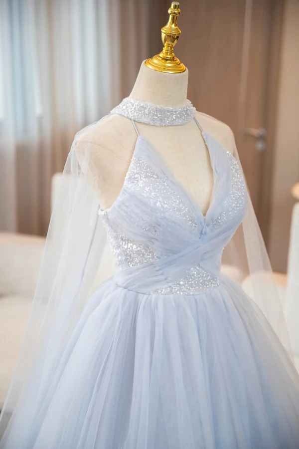 Chic / Beautiful Grey Sequins Prom Dresses 2024 Ball Gown High Neck Sleeveless Backless Floor-Length / Long Prom Formal Dresses