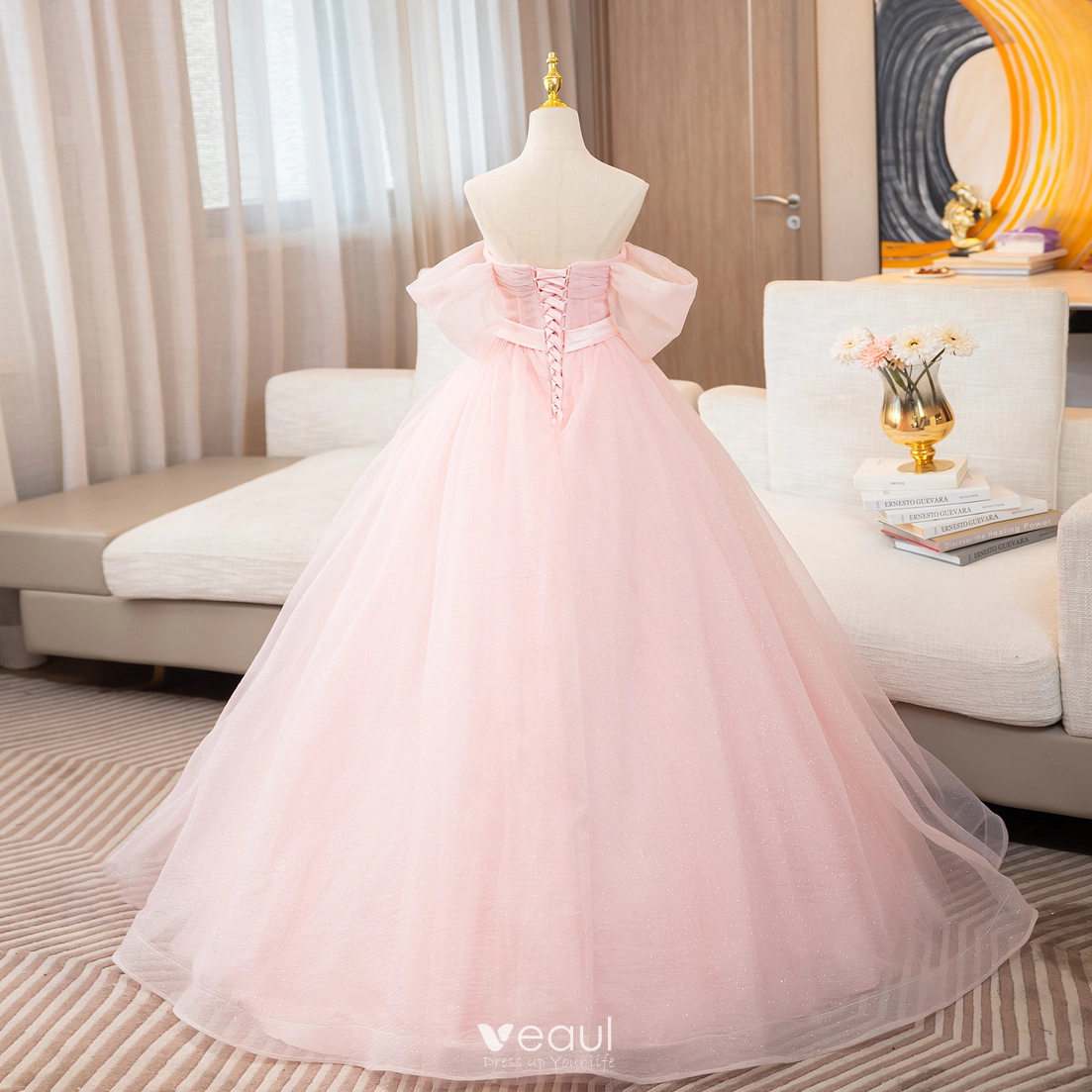 Elegant Blushing Pink Glitter Prom Dresses 2024 Ball Gown Off-The-Shoulder Short Sleeve