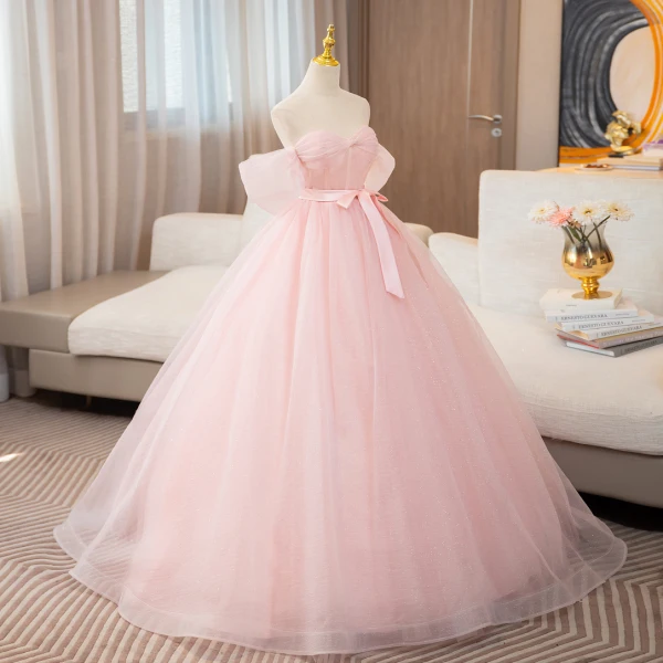 Elegant Blushing Pink Glitter Prom Dresses 2024 Ball Gown Off-The-Shoulder  Short Sleeve Backless Bow