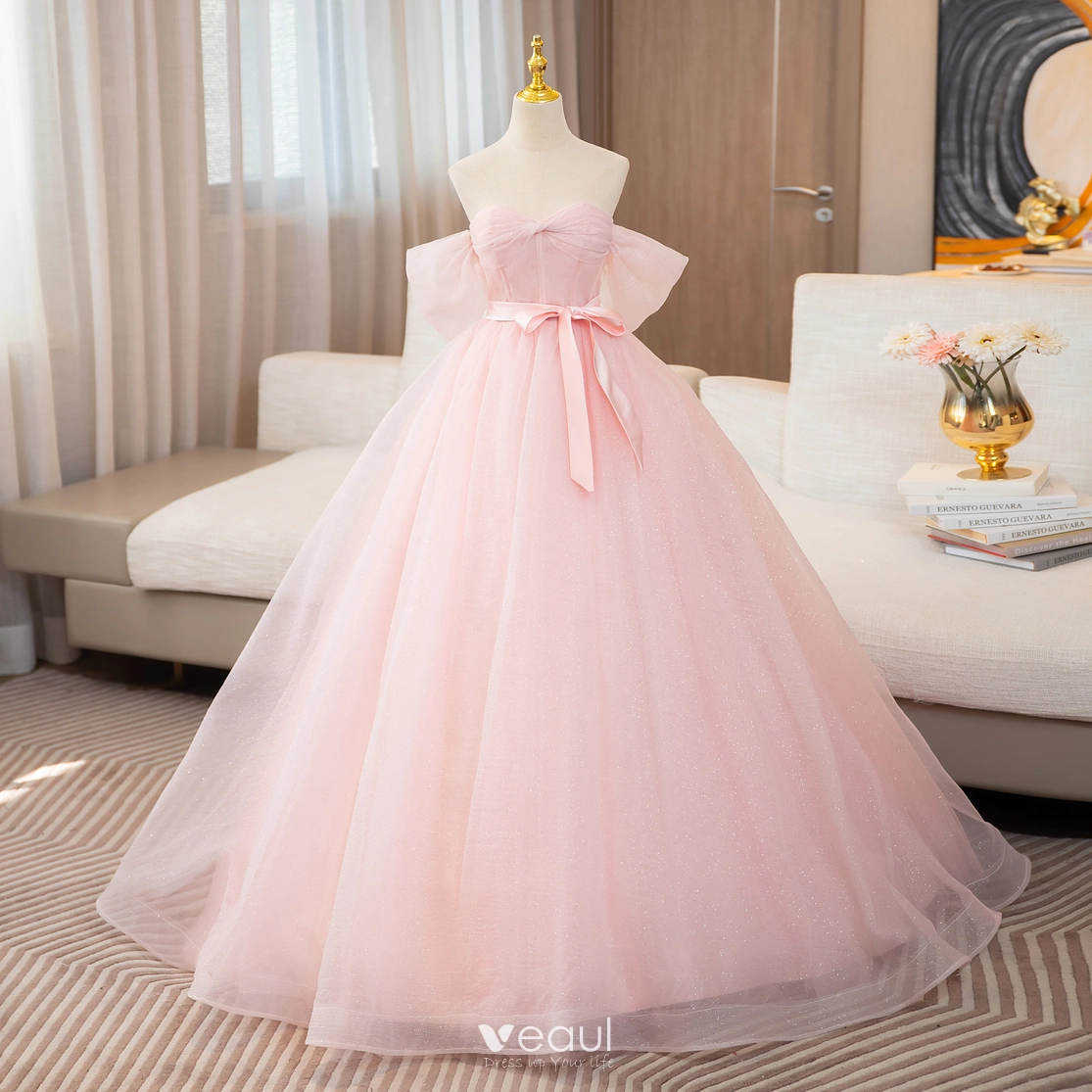 Elegant Blushing Pink Glitter Prom Dresses 2024 Ball Gown Off-The-Shoulder  Short Sleeve Backless Bow Sash Floor-Length / Long Prom Formal Dresses