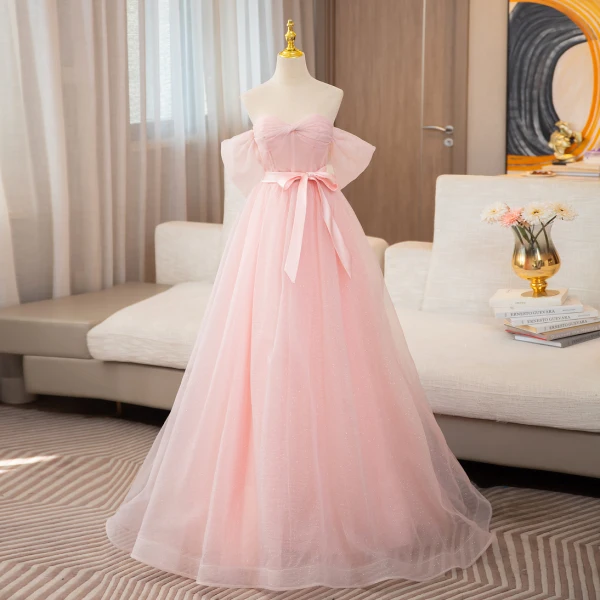 Elegant Blushing Pink Glitter Prom Dresses 2024 Ball Gown Off-The-Shoulder Short Sleeve