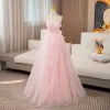 Elegant Blushing Pink Appliques Prom Dresses 2024 Ball Gown Strapless Sleeveless Backless Floor-Length / Long Prom Formal Dresses