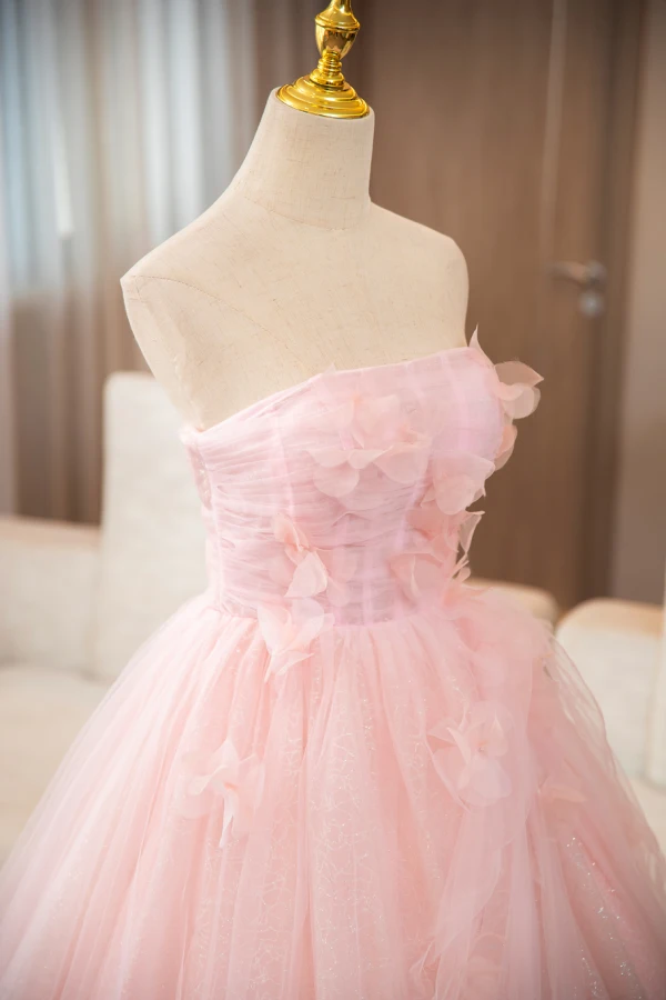 Elegant Blushing Pink Appliques Prom Dresses 2024 Ball Gown Strapless Sleeveless Backless Floor-Length / Long Prom Formal Dresses