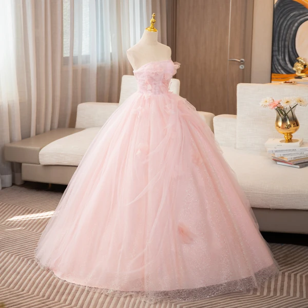 Elegant Blushing Pink Appliques Prom Dresses 2024 Ball Gown Strapless Sleeveless Backless Floor-Length / Long Prom Formal Dresses
