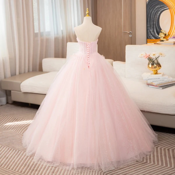 Elegant Blushing Pink Appliques Prom Dresses 2024 Ball Gown Strapless Sleeveless Backless Floor-Length / Long Prom Formal Dresses