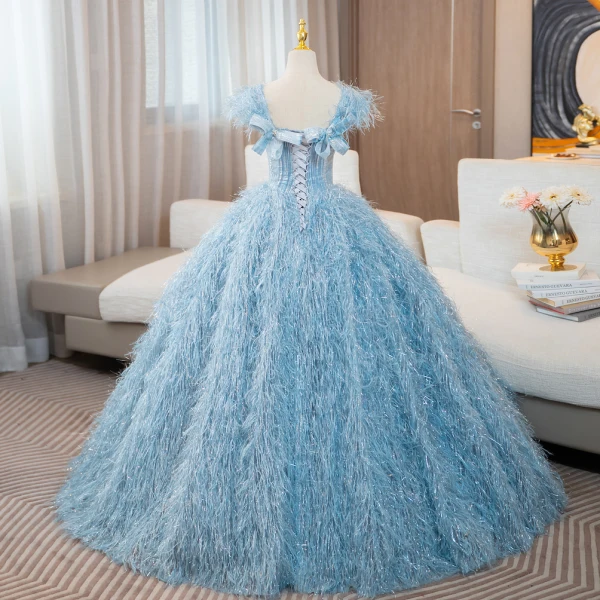 Charming Sky Blue Glitter Tassel Prom Dresses 2024 Ball Gown Square Neckline Bow Sleeveless Backless Floor-Length / Long Prom Formal Dresses