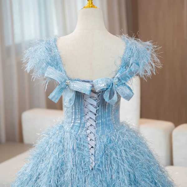 Charming Sky Blue Glitter Tassel Prom Dresses 2024 Ball Gown Square Neckline Bow Sleeveless Backless Floor-Length / Long Prom Formal Dresses