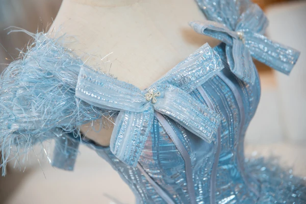 Charming Sky Blue Glitter Tassel Prom Dresses 2024 Ball Gown Square Neckline Bow Sleeveless Backless Floor-Length / Long Prom Formal Dresses
