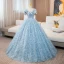 Charming Sky Blue Glitter Tassel Prom Dresses 2024 Ball Gown Square Neckline Bow Sleeveless Backless Floor-Length / Long Prom Formal Dresses