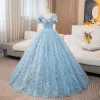 Charming Sky Blue Glitter Tassel Prom Dresses 2024 Ball Gown Square Neckline Bow Sleeveless Backless Floor-Length / Long Prom Formal Dresses