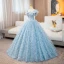 Charming Sky Blue Glitter Tassel Prom Dresses 2024 Ball Gown Square Neckline Bow Sleeveless Backless Floor-Length / Long Prom Formal Dresses