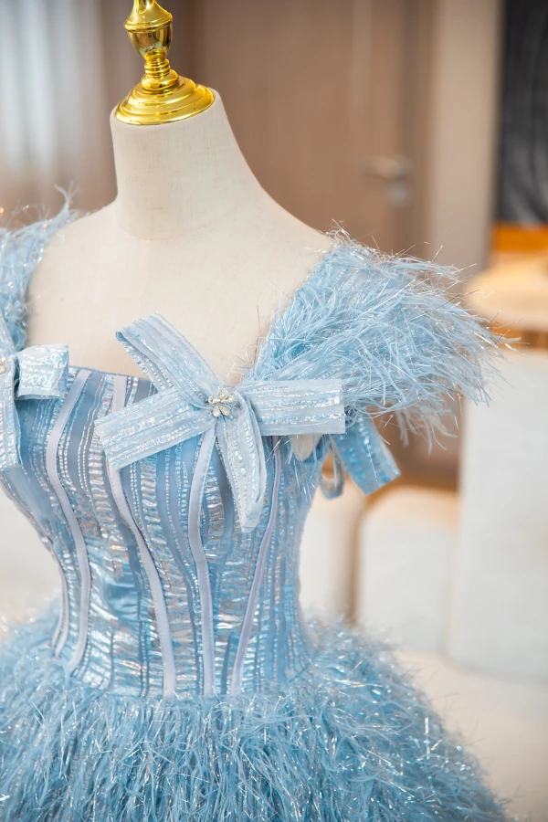 Charming Sky Blue Glitter Tassel Prom Dresses 2024 Ball Gown Square Neckline Bow Sleeveless Backless Floor-Length / Long Prom Formal Dresses