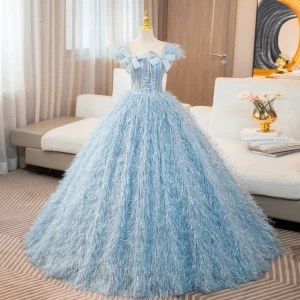 Charmant Bleu Ciel Glitter Gland Robe De Bal 2024 Robe Boule Encolure Carrée Noeud Sans Manches Dos Nu Longue Promo Robe De Ceremonie