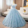 Charming Sky Blue Glitter Tassel Prom Dresses 2024 Ball Gown Square Neckline Bow Sleeveless Backless Floor-Length / Long Prom Formal Dresses