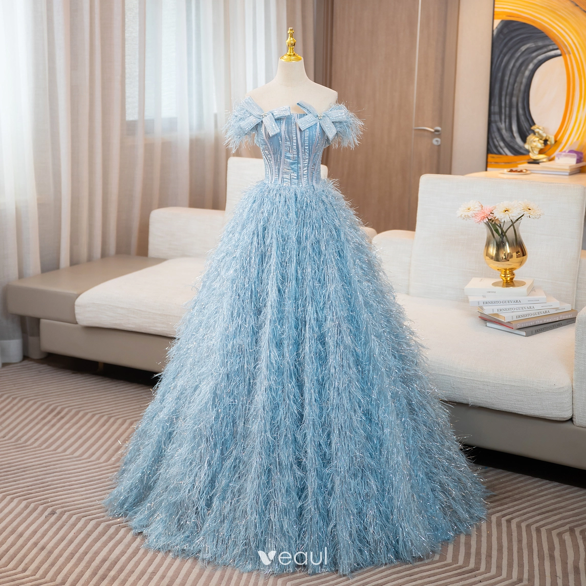 tassel formal dress Luxury Pearl Tassel Princess Gown Yellow Prom Dress SS286 main image 1
